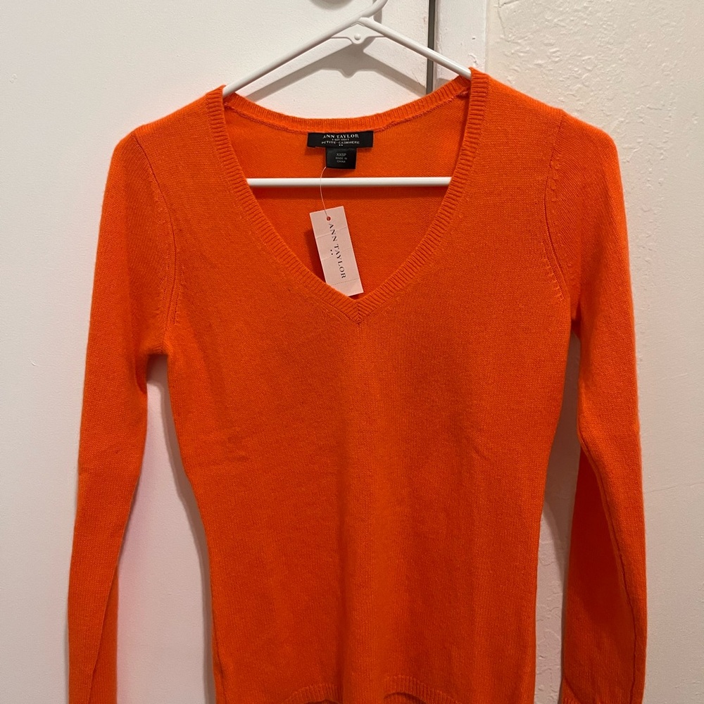 Ann Taylor Vibrant Orange 100% Cashmere V-Neck Sweater